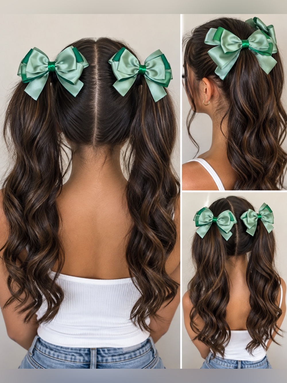 Green Satin Bow Hair Clips for Kids - Set of 2